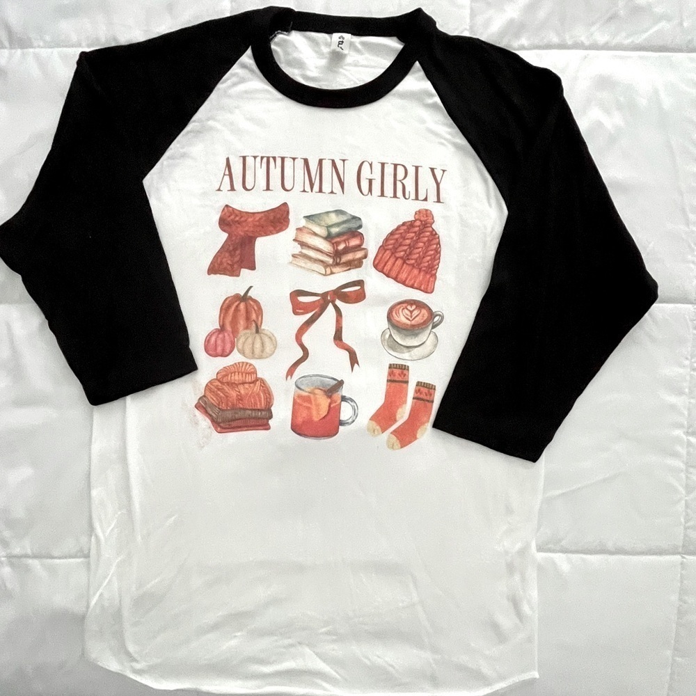 “Autumn Girly” Raglan Shirt - Black and White. Size M. NWOT